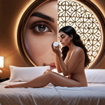 **

A serene woman applying eye cream with gentle, circular motions, set against a backdrop of a tranquil bedroom at night, emphasizing the importance of sleep and nighttime skincare routine. Include elements of Arabic design in the room decor.

**